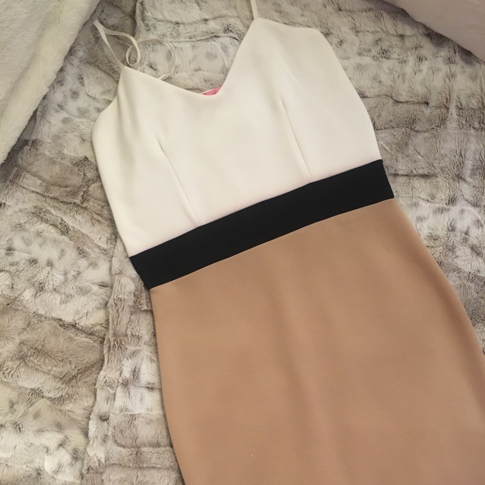 White, Black, Tan Colorblock Midi Dress